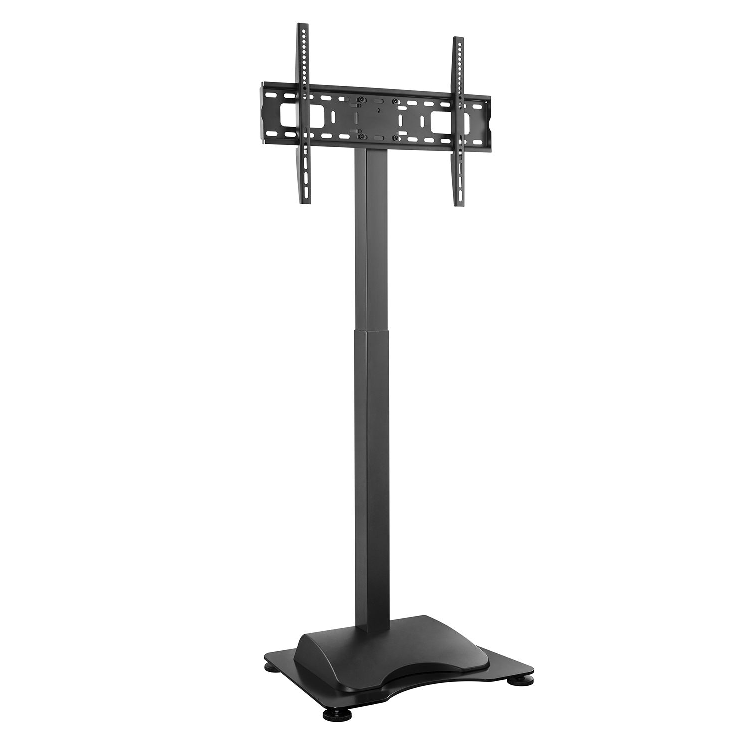 Een zwarte tv-standaard met een hoge paal en een voet. De tv-bevestiging is bevestigd.