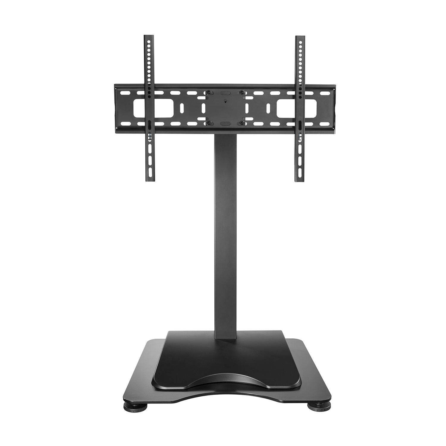 Een zwarte tv-standaard op een witte achtergrond.