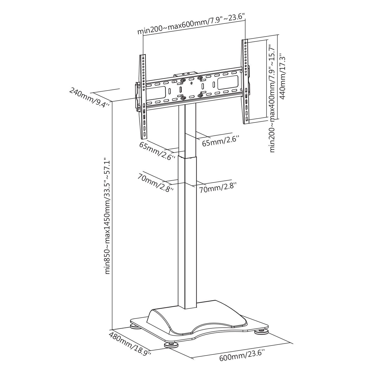Un dibujo técnico de un soporte de TV. Incluye dimensiones y medidas en mm.