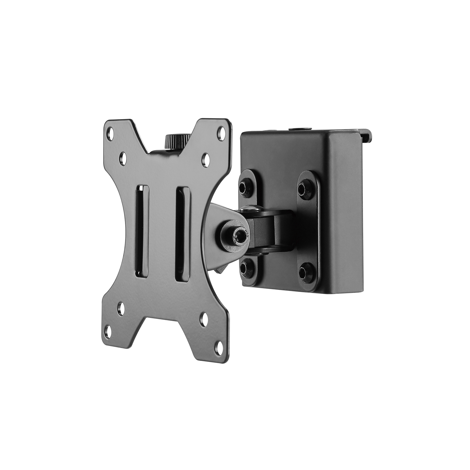 Soporte de pared para TV negro, mostrando la placa de montaje y el brazo giratorio.