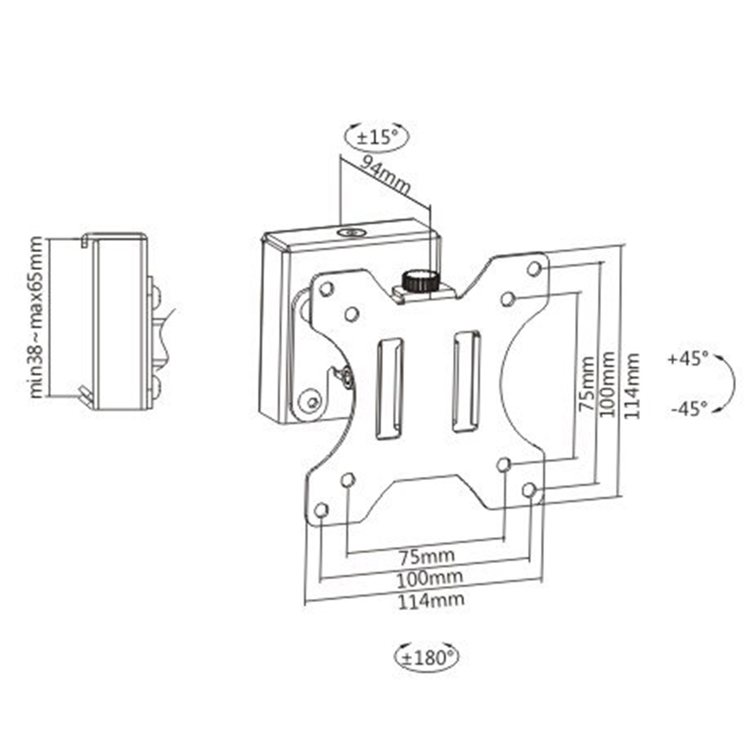 Diagrama de soporte TV, mostrando dimensiones y ángulos de instalación.