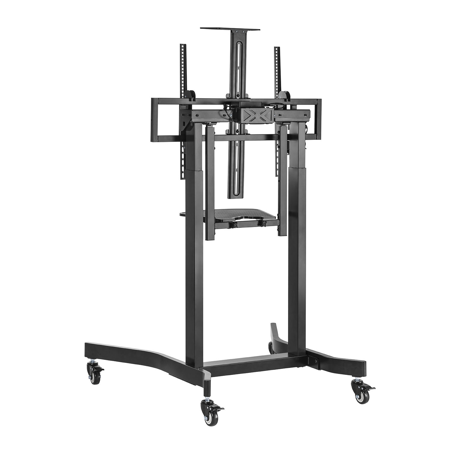 Een zwarte tv-standaard met wielen. Het heeft een centrale paal, een plank en twee steunen voor de tv.