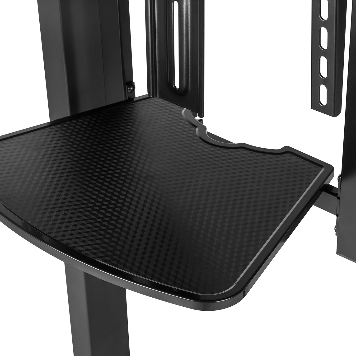 Een zwarte plank is gemonteerd op een zwarte metalen standaard.