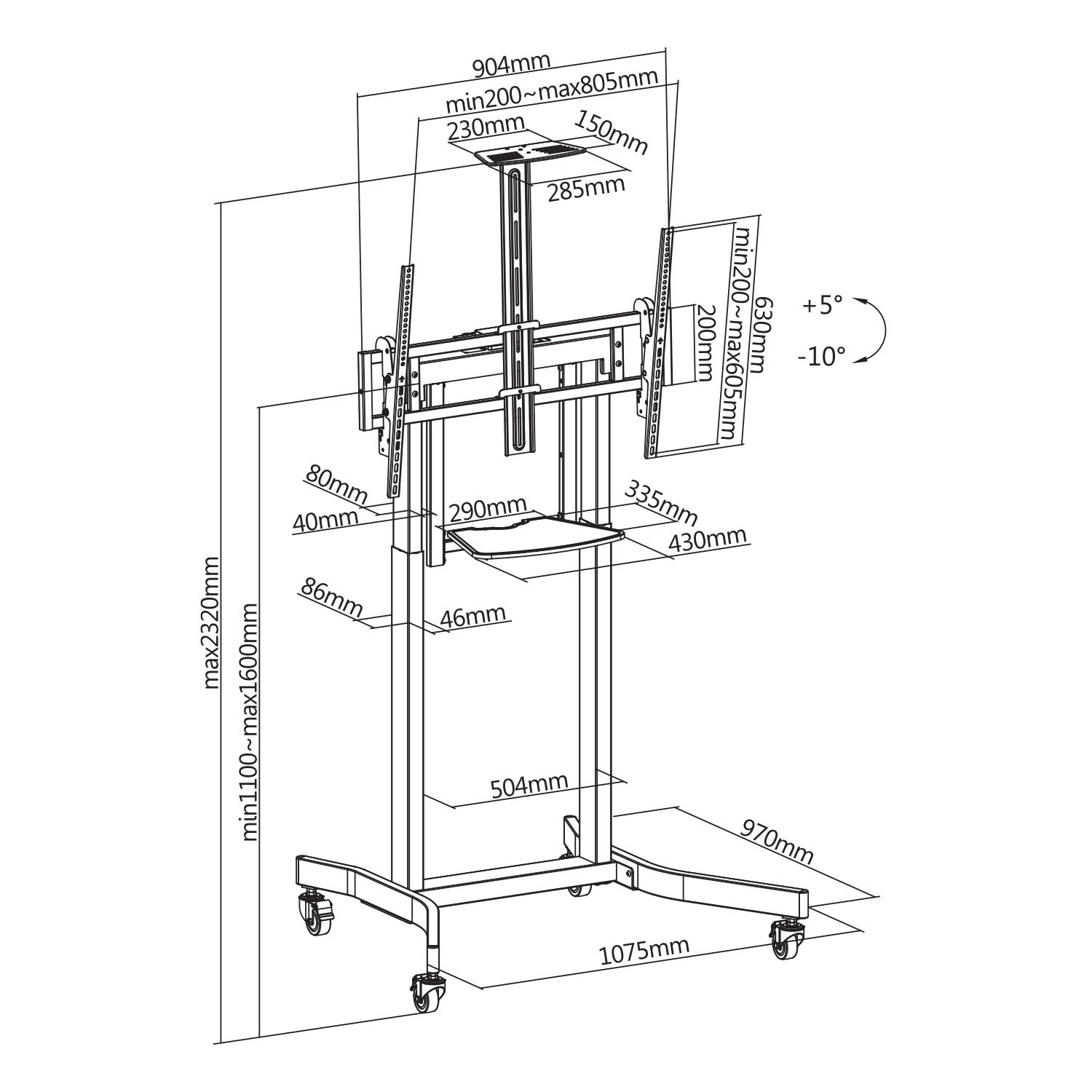 Technische tekening van een tv-standaard, met afmetingen en functies.