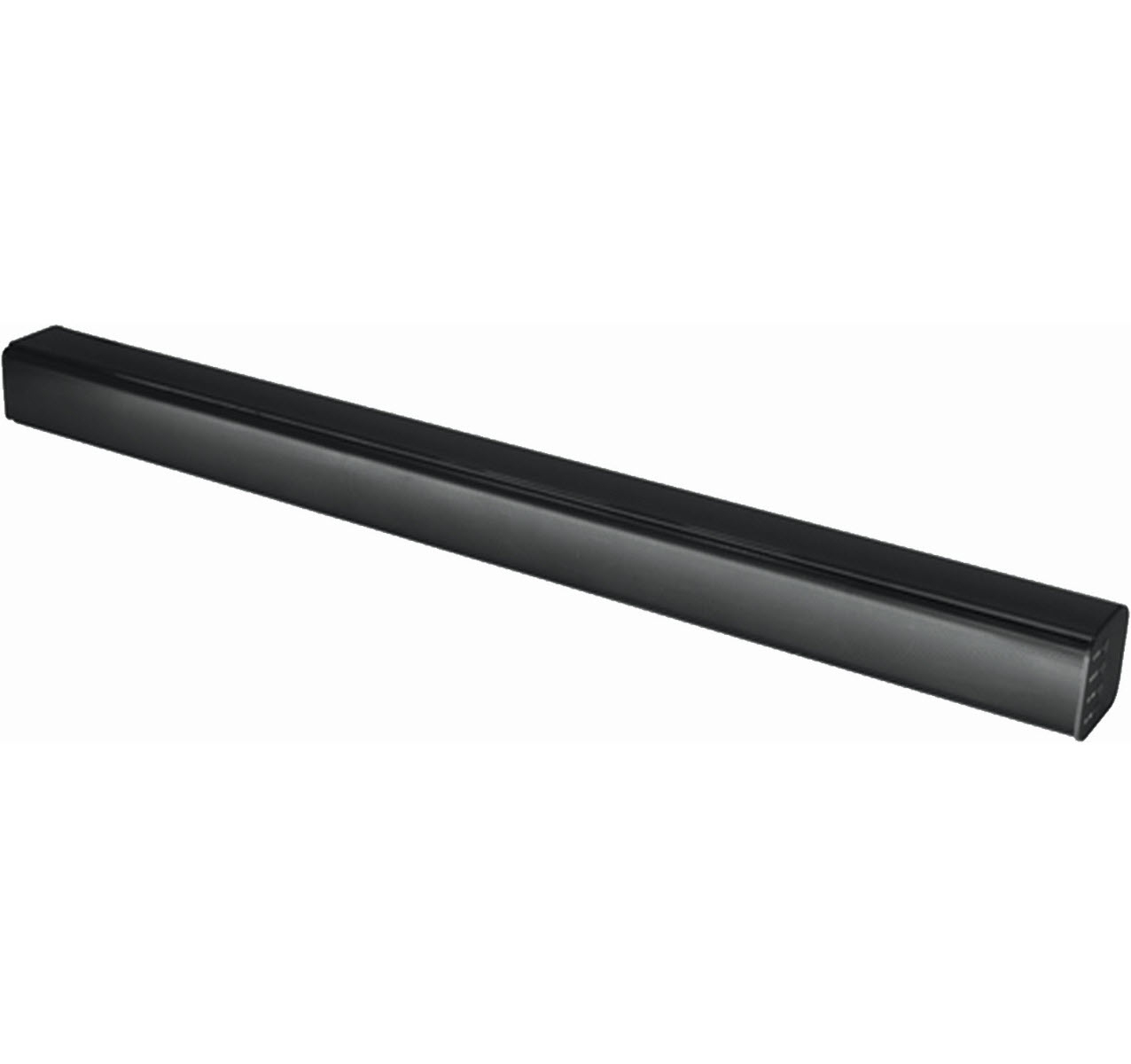 Długi czarny soundbar, odizolowany na białym tle.