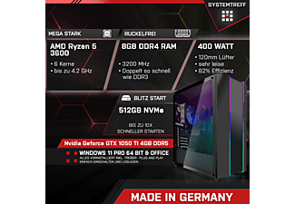 SYSTEMTREFF Gaming AMD Ryzen 5 3600, Windows 11 Pro, Gaming PC mit AMD Ryzen™ 5 Prozessor , 8 GB RAM , 512 GB  mSSD   , Nvidia Geforce GTX 1050Ti 4GB  