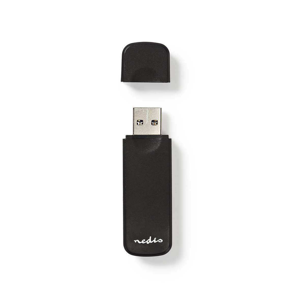 Clé USB noire avec bouchon noir détaché sur fond blanc.