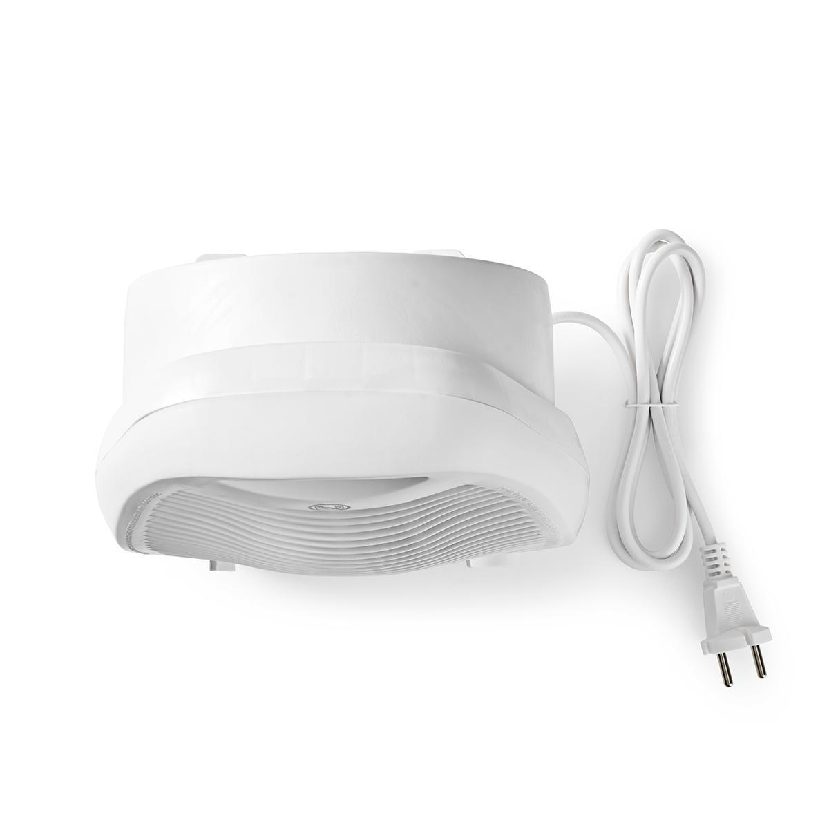 Białe urządzenie w kształcie kopuły z przewodem zasilającym, na białym tle. Widok z góry.