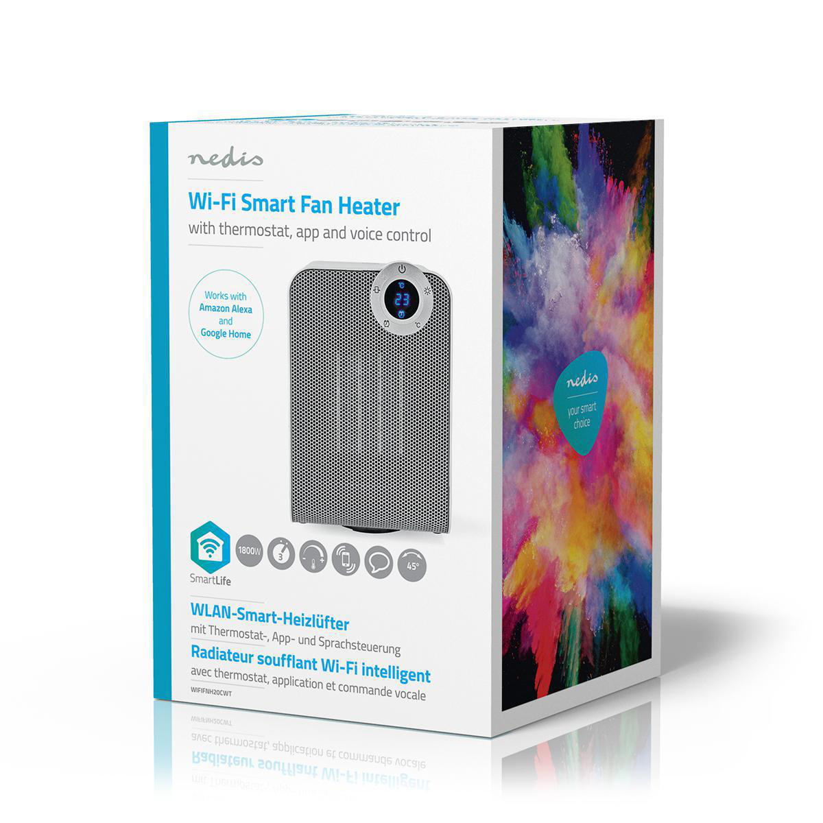 Una scatola bianca per un termoventilatore intelligente Wi-Fi con testo colorato. Sfondo bianco.
