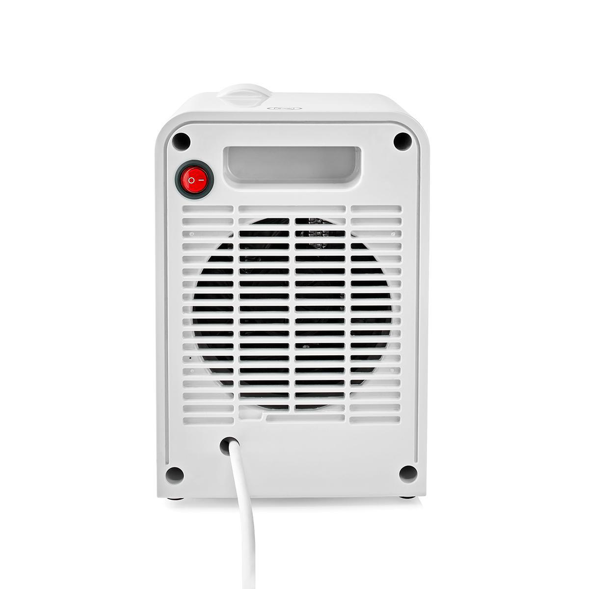 Termoventilatore bianco con pulsante di accensione rosso e cavo, su sfondo bianco.