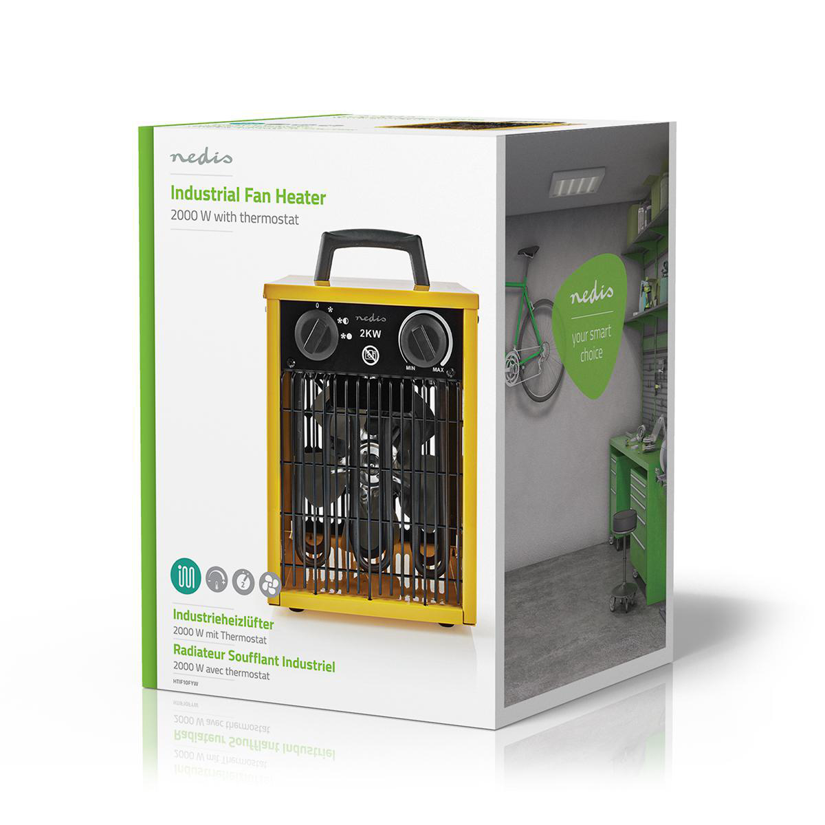 Termoventilatore industriale giallo in una scatola. Include una parete verde con bici.