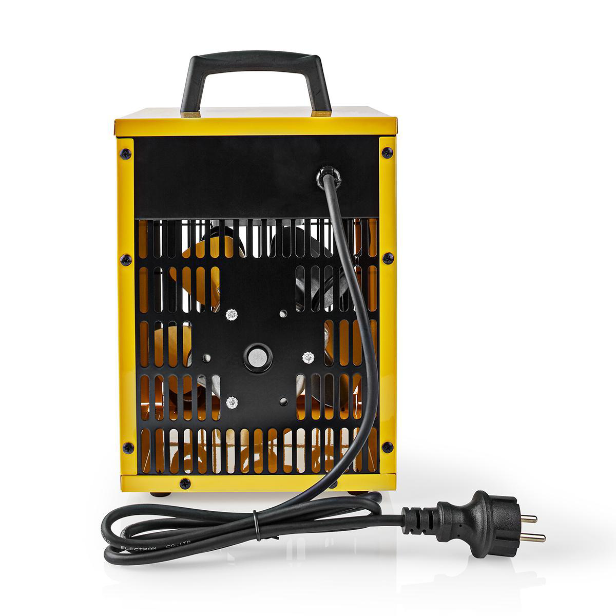 Retro di un termoventilatore giallo con maniglia e cavo di alimentazione. Griglia e spina nere.