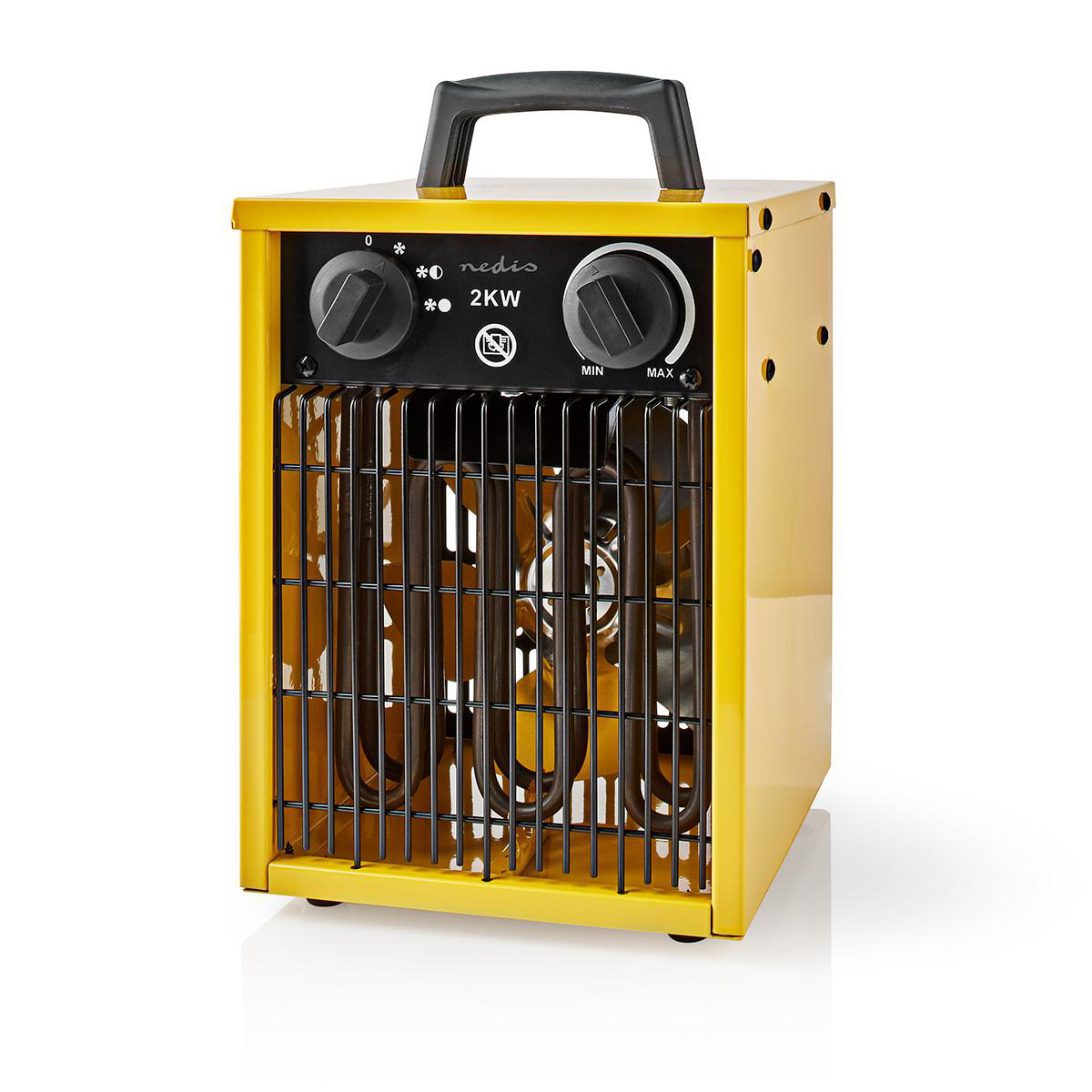 Un termoventilatore giallo da 2kW con maniglia. Ha manopole per la temperatura e la velocità della ventola, con elementi riscaldanti visibili.