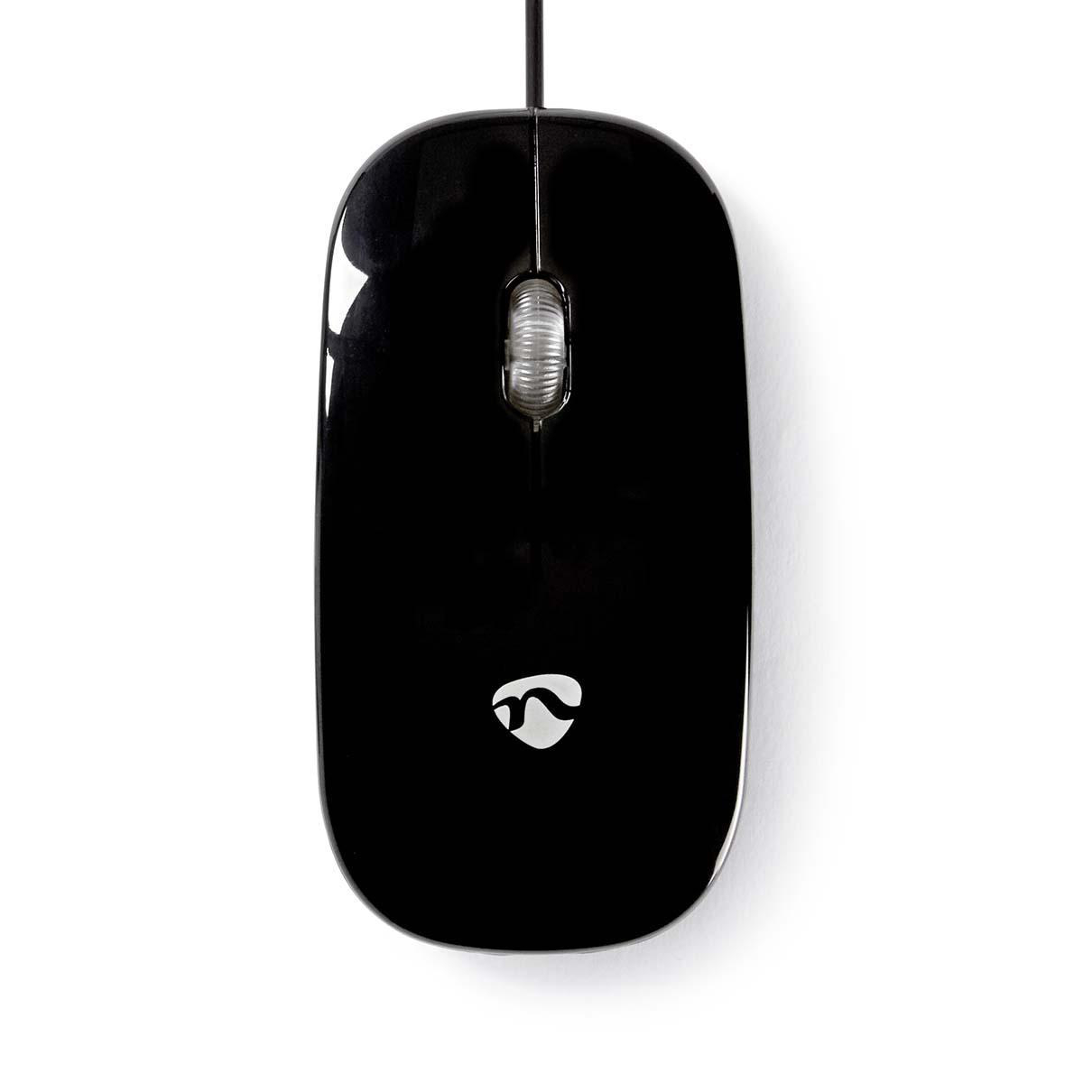 Black computer mouse with a scroll wheel and logo. Background is white.
