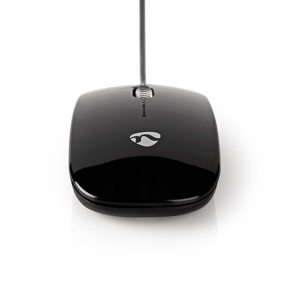 Black computer mouse with a cable, on a white background.  Logo on top.