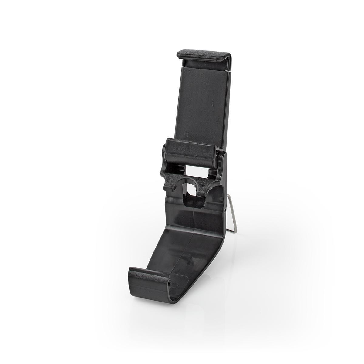 Zwarte telefoonhouder voor een telefoon of tablet. Het is schuin en heeft een zilveren metalen steun.