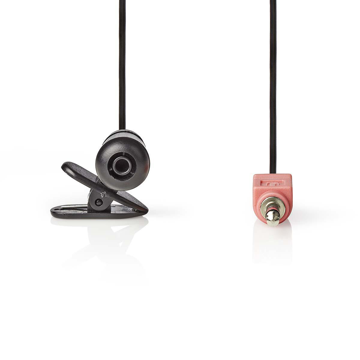Un microfono nero con clip e un connettore jack rosa con cavo.