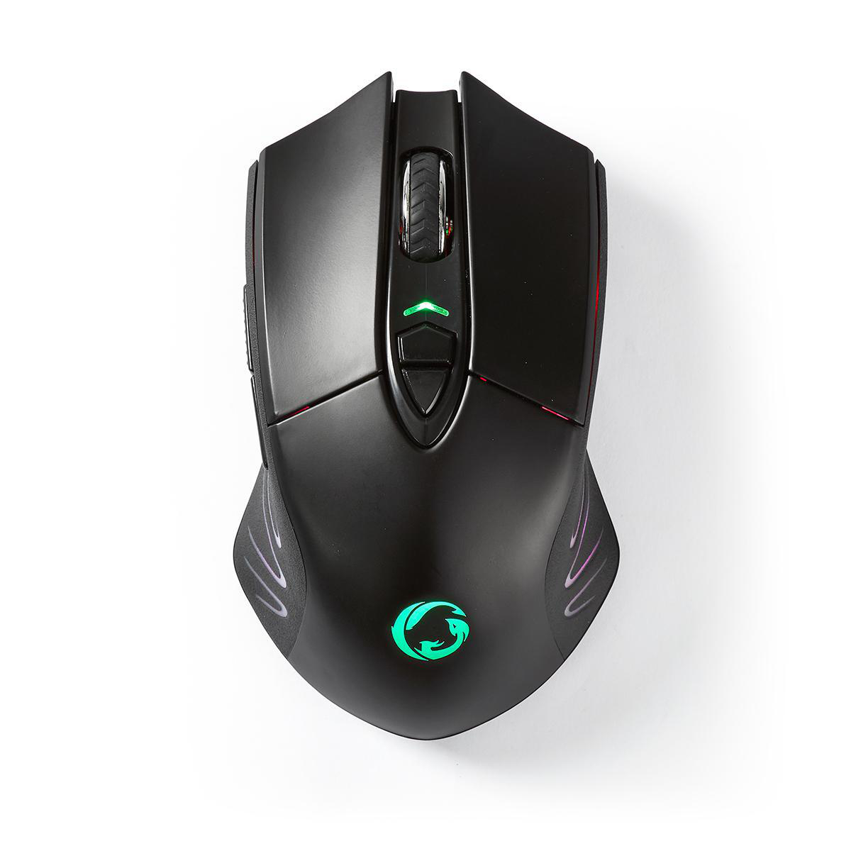 Un mouse da gioco nero con luci, su sfondo bianco. Vista dall'alto.