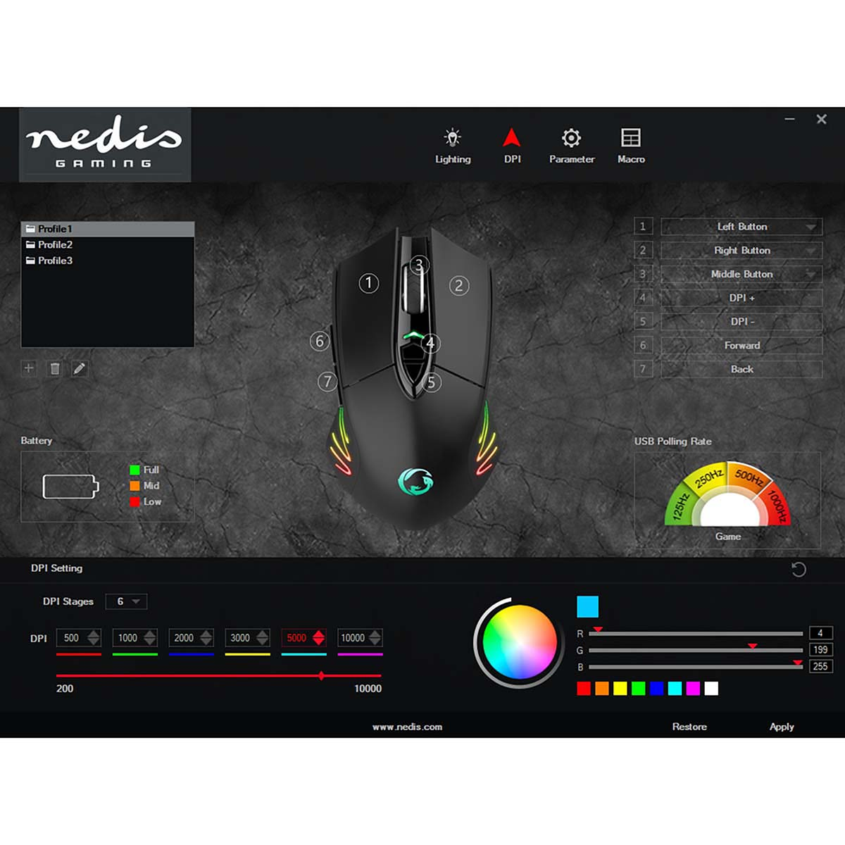 Mouse per computer con schermo che mostra le impostazioni e le opzioni del mouse.