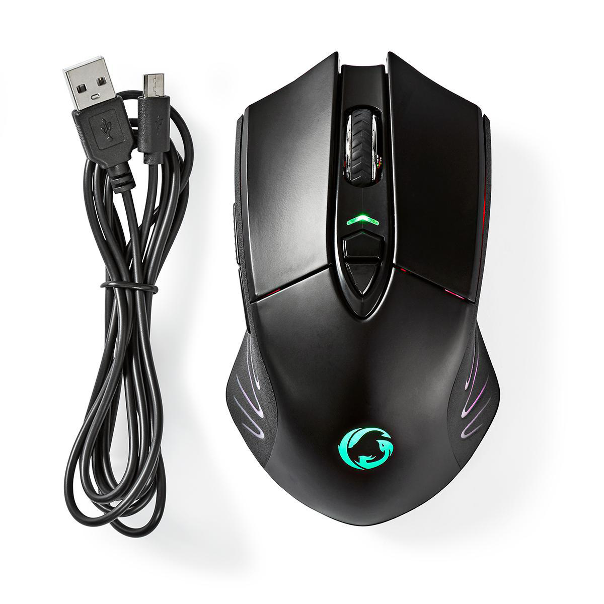 Mouse da gioco nero. Cavo USB. Logo illuminato. Sfondo bianco.