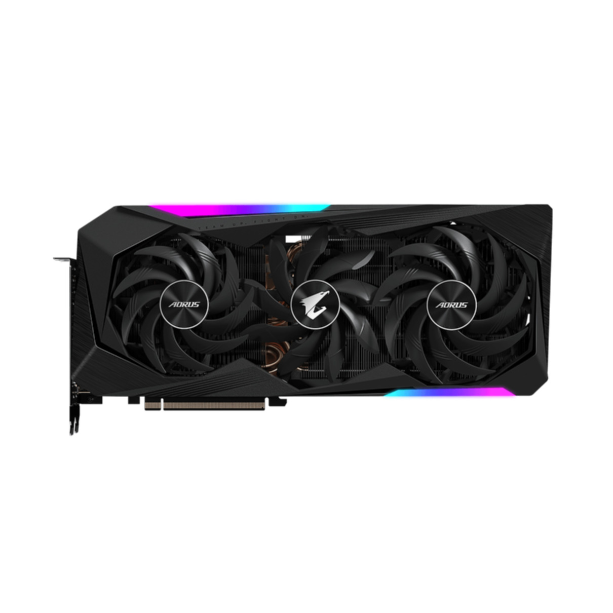 Una scheda grafica nera con tre ventole, logo AORUS e illuminazione multicolore, su sfondo bianco.