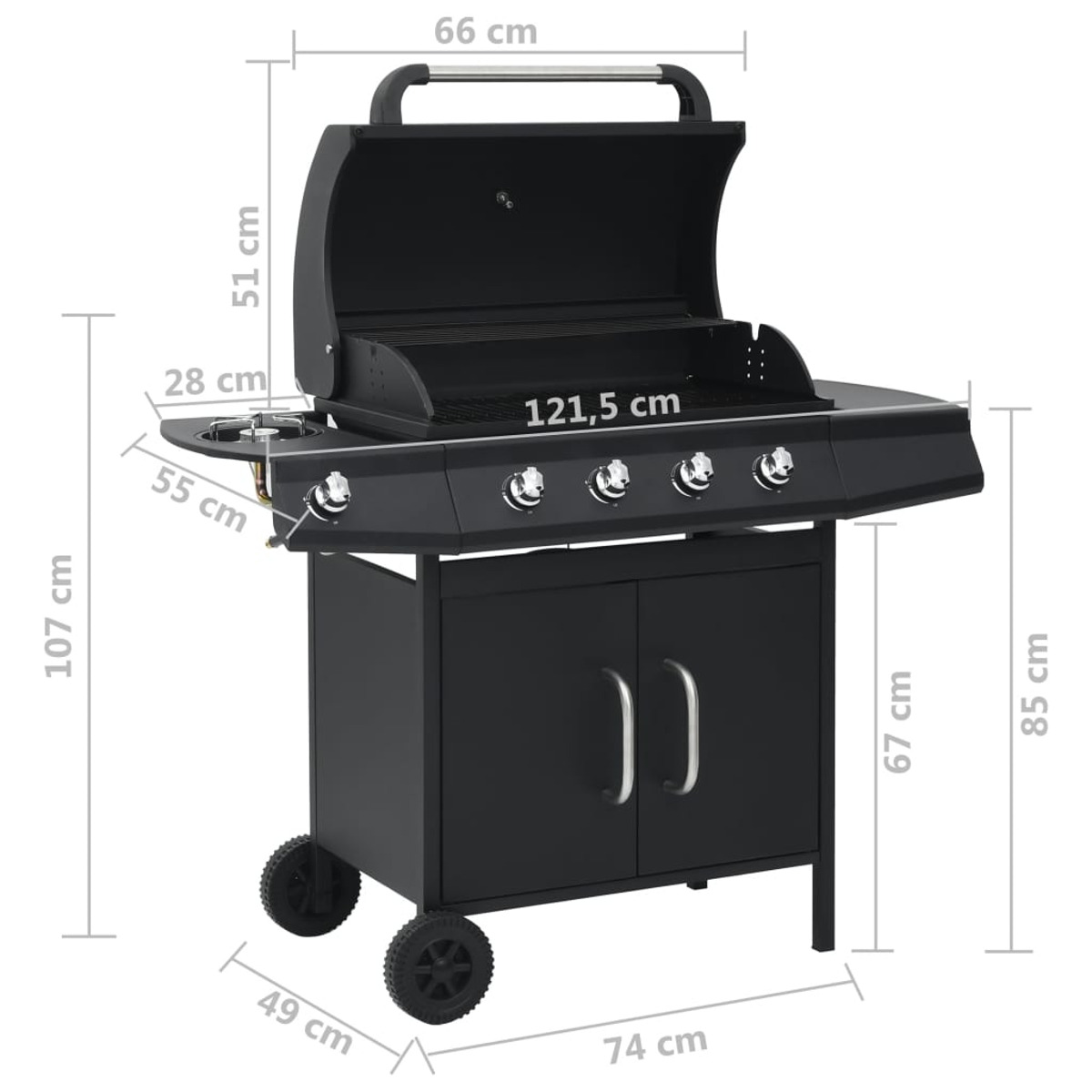 Schwarzer Grill mit Abmessungen, Rädern und einem Schrank. Der Deckel ist offen.