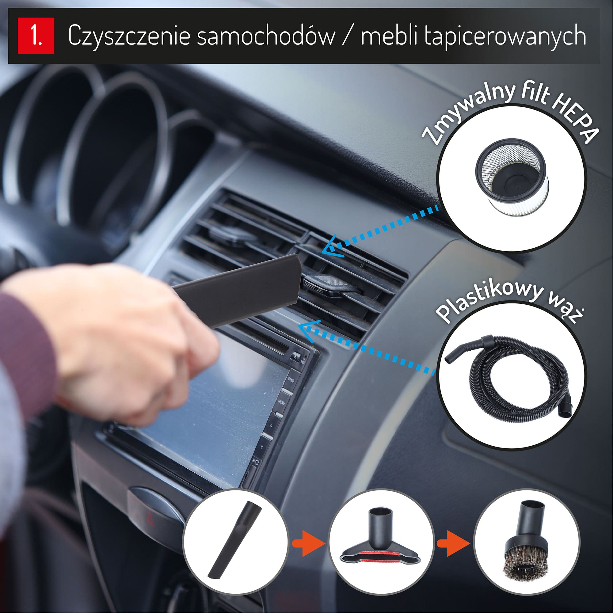 Equipo de limpieza interior del coche. Incluye aspiradora con accesorios, filtro y manguera. Negro y gris.
