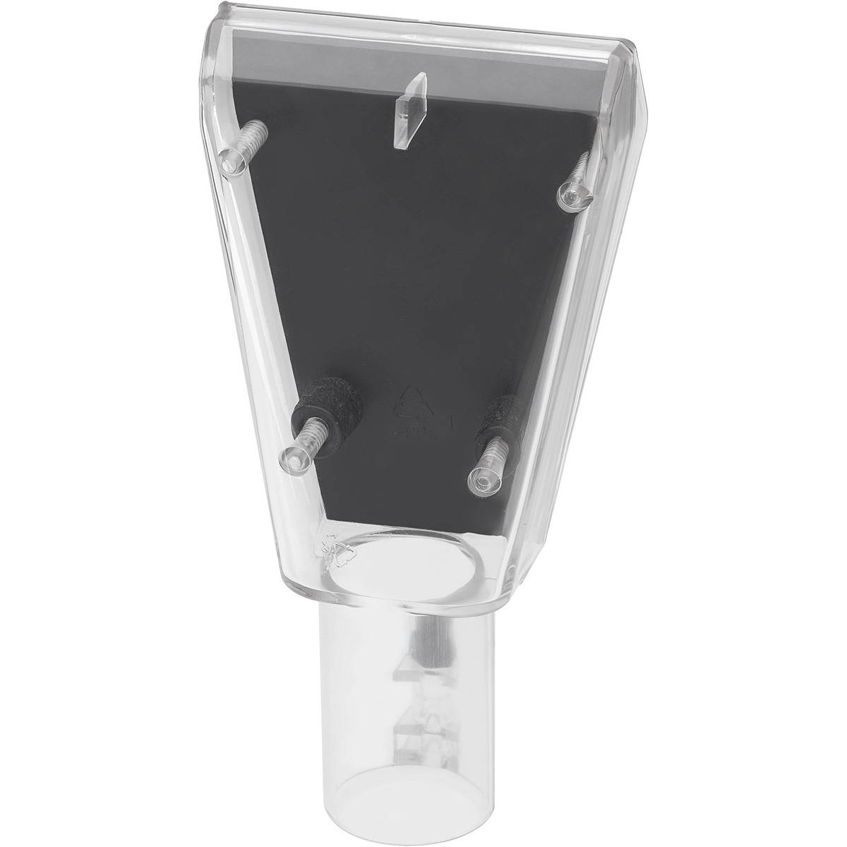 Zbliżenie przystawki do odkurzacza, przezroczysta z czarnymi detalami.