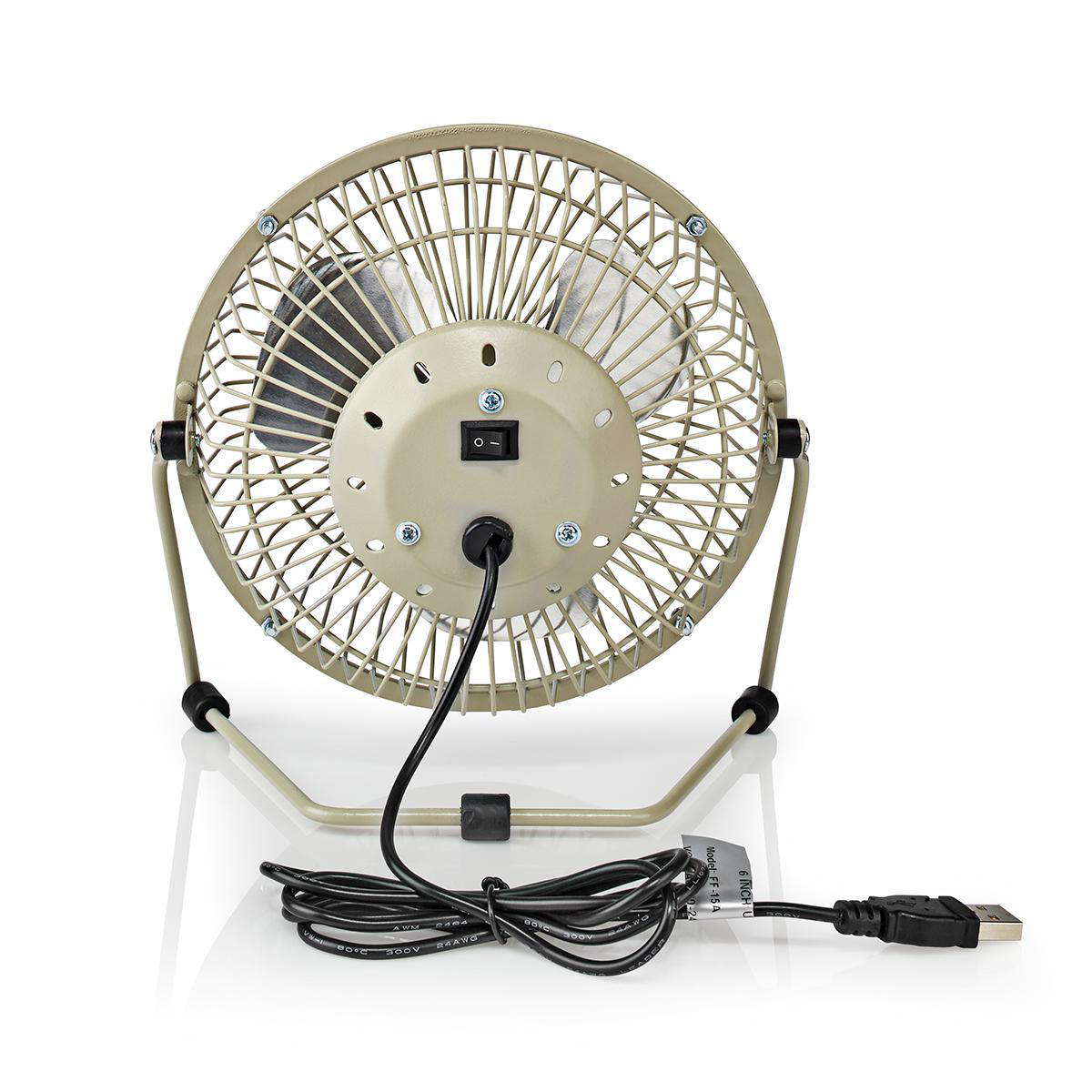 Un ventilatore da tavolo USB beige visto da dietro, con interruttore e cavo.
