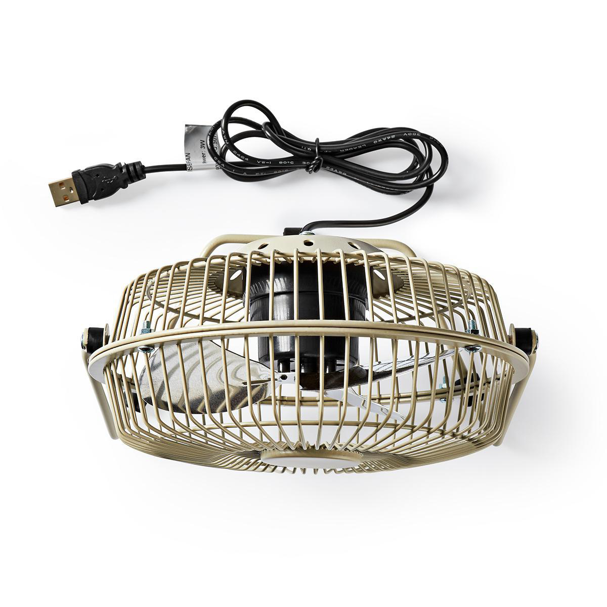 Una piccola ventola USB beige con cavo e spina neri.