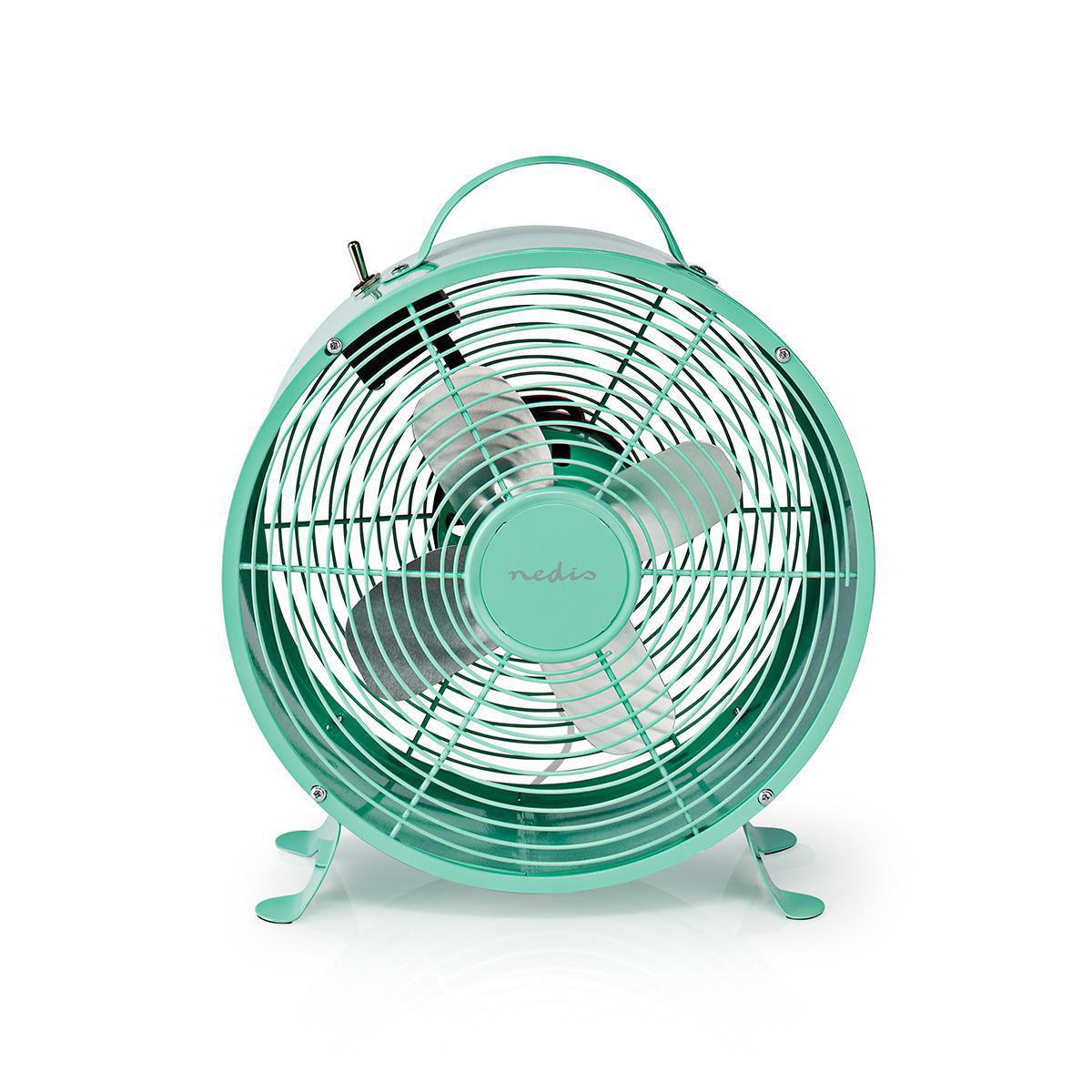 Ventilatore retrò verde menta con manico, pale e griglia protettiva.