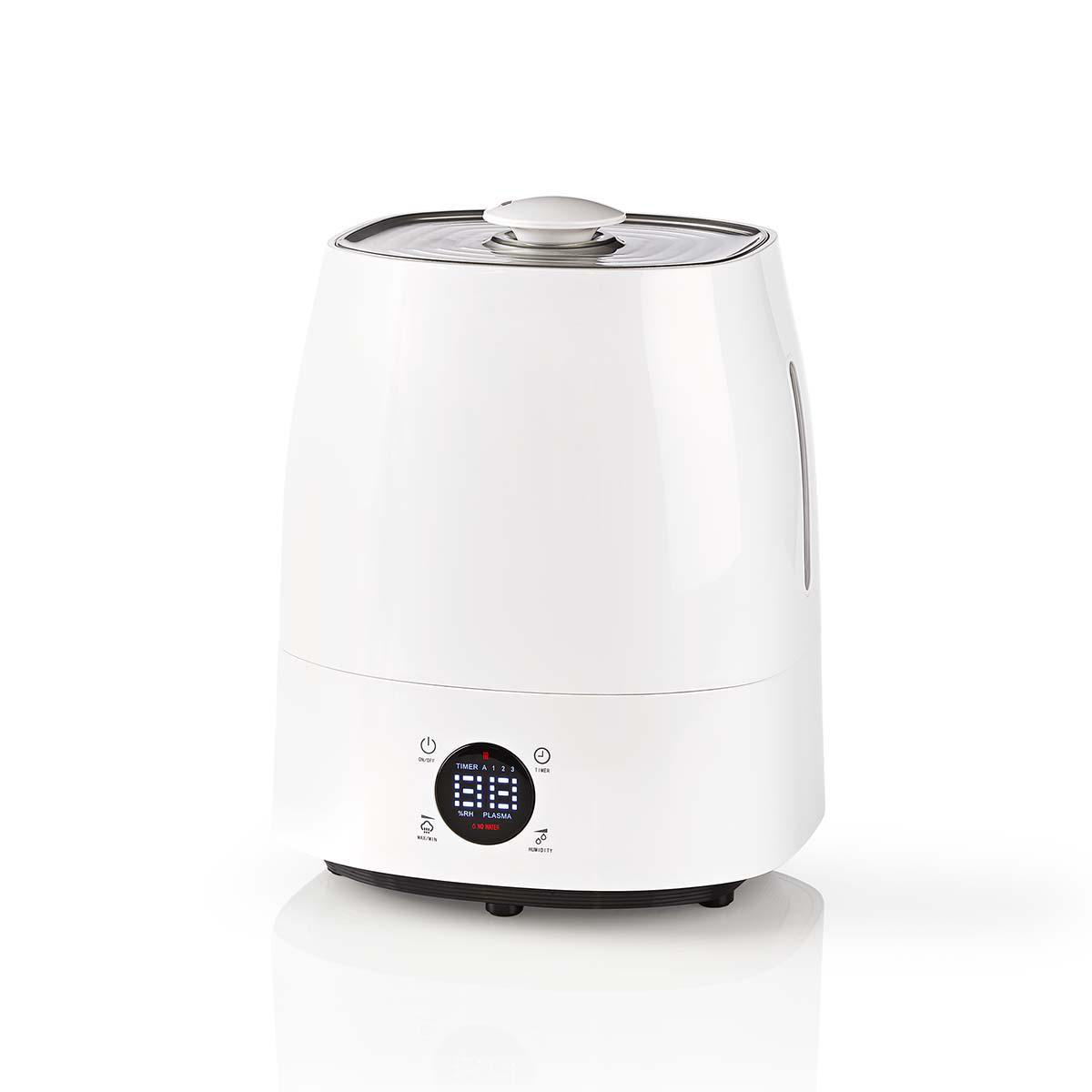 Umidificatore d'aria bianco con display digitale. Sfondo bianco.