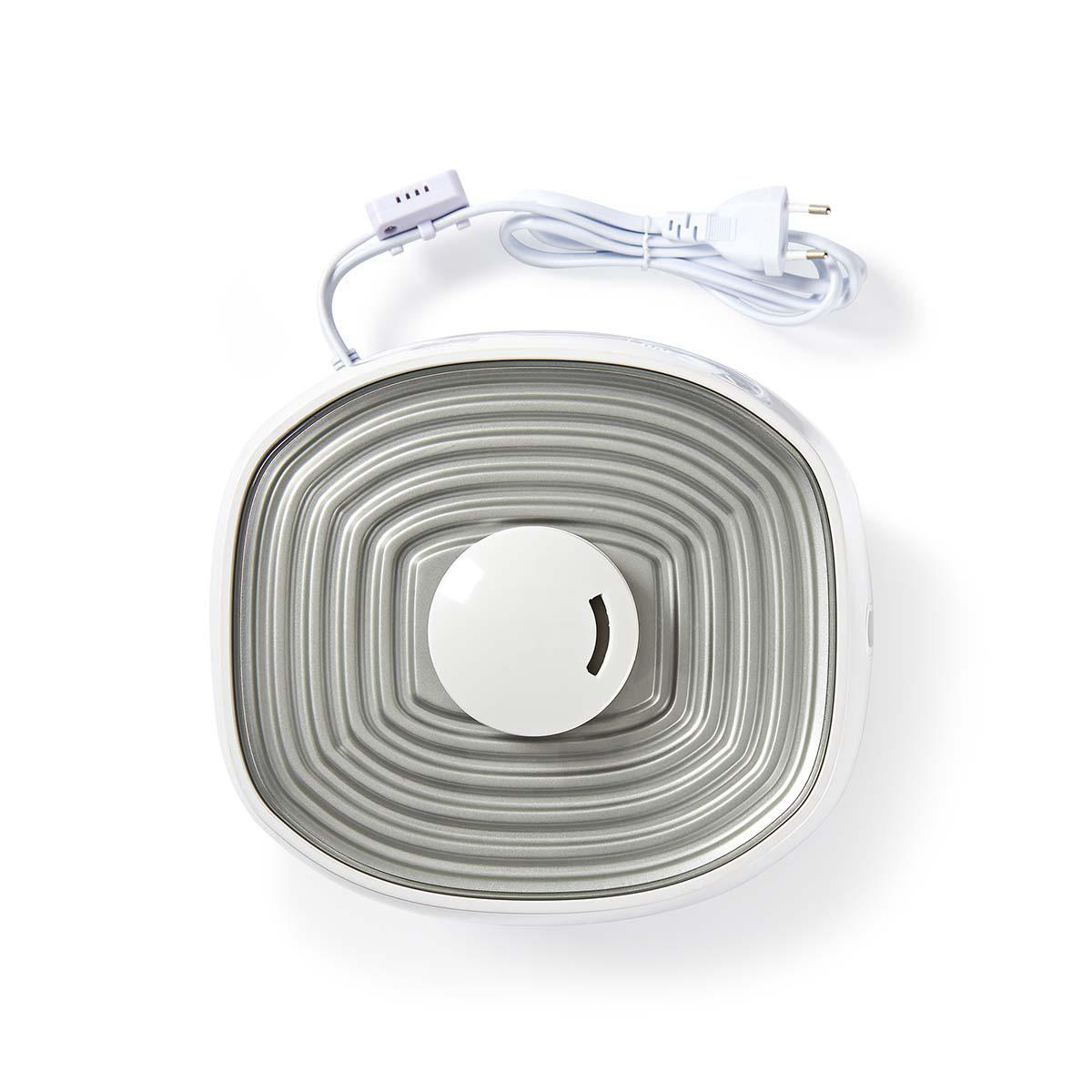 Dispositivo bianco, rotondo, con manopola e cavo di alimentazione su sfondo bianco.
