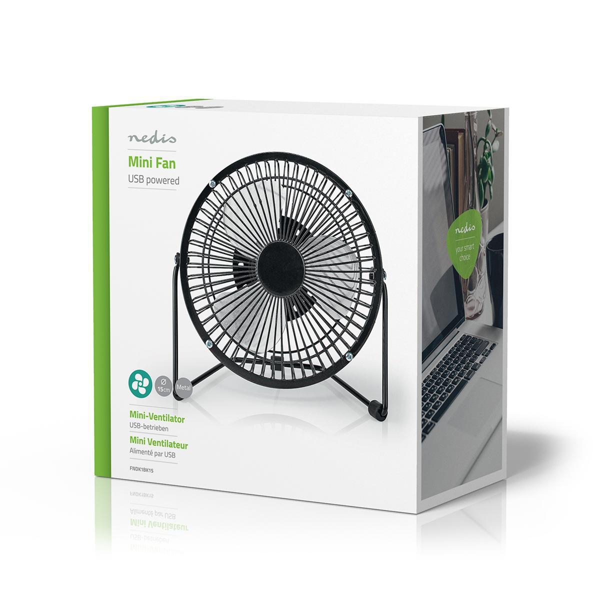 Confezione di un mini ventilatore USB Nedis con griglia metallica e immagine laptop.