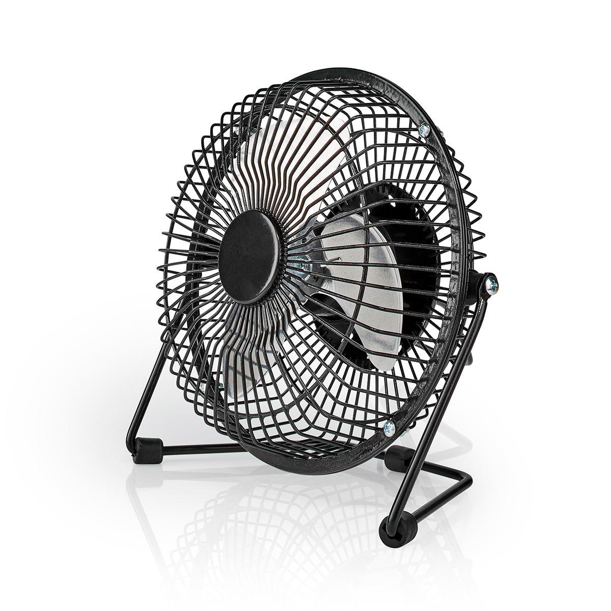 Un piccolo ventilatore da scrivania nero con griglia metallica e due gambe di supporto.