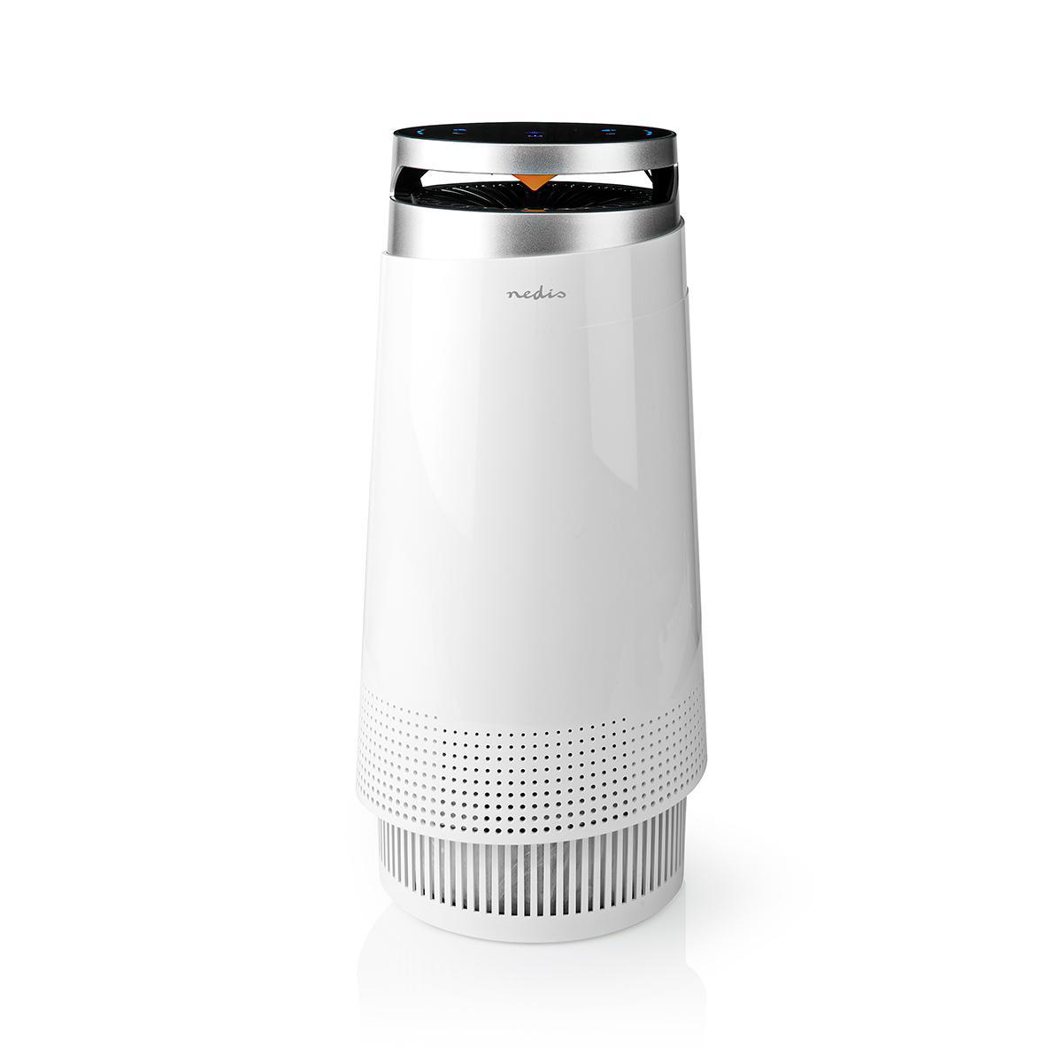 Witte luchtreiniger met een zwarte bovenkant. Het heeft een ronde basis en een cilindrische behuizing.
