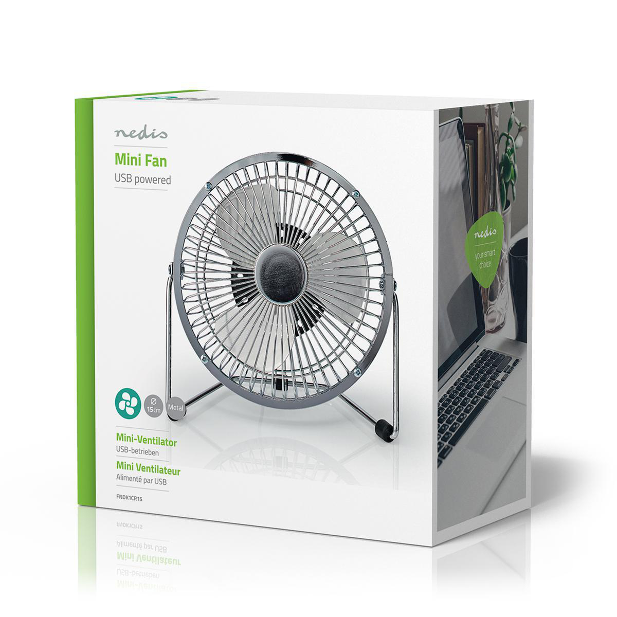 Ventilatore Nedis Mini, alimentato USB, metallo, diametro 15 cm.