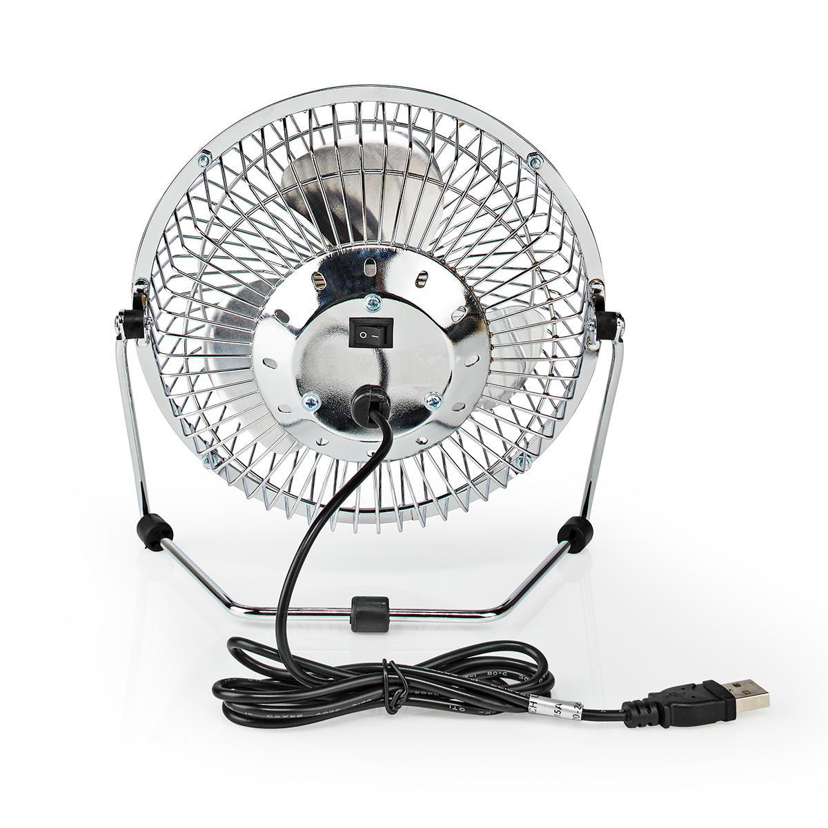 Un ventilatore da tavolo USB argentato con interruttore e cavo nero.