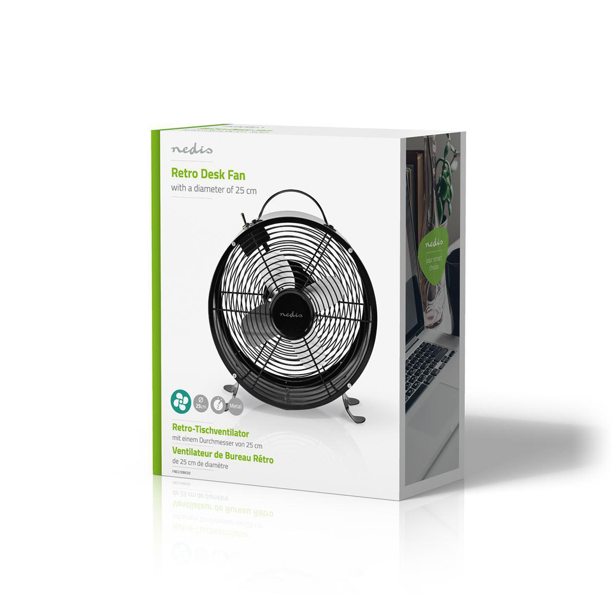 Un ventilatore da scrivania retrò nero in una scatola. La scatola ha testo in più lingue e un laptop laterale.