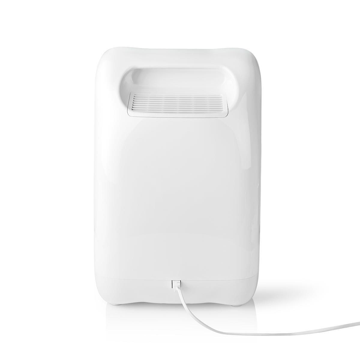 Purificatore d'aria bianco con maniglia e cavo di alimentazione, vista posteriore.
