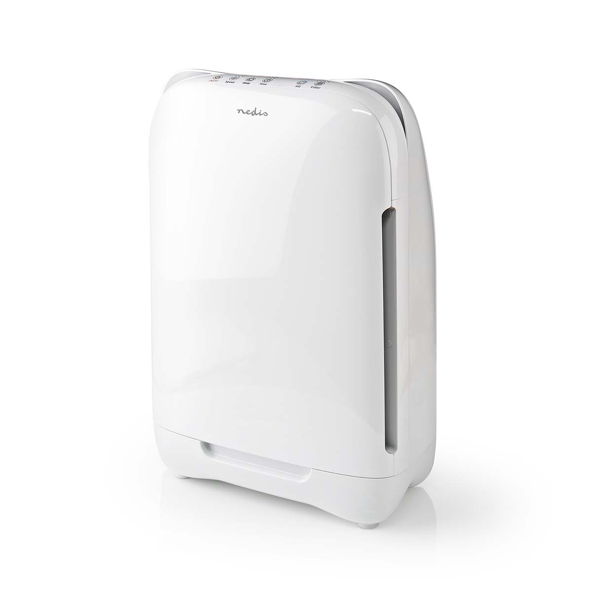 Purificatore d'aria bianco con angoli arrotondati, su sfondo bianco.