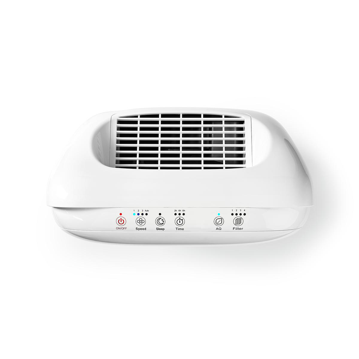 Un purificatore d'aria bianco con pulsanti di controllo sulla parte anteriore. Ha fessure per l'aspirazione dell'aria e spie.
