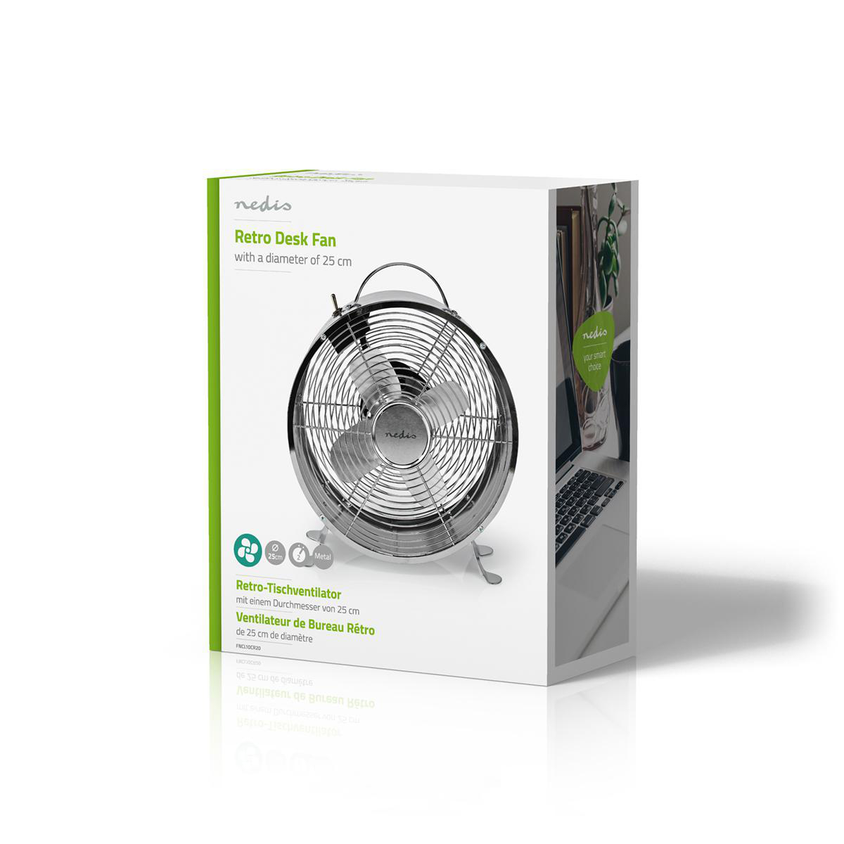 Ventilatore da scrivania retrò cromato da 25 cm, su confezione bianca.