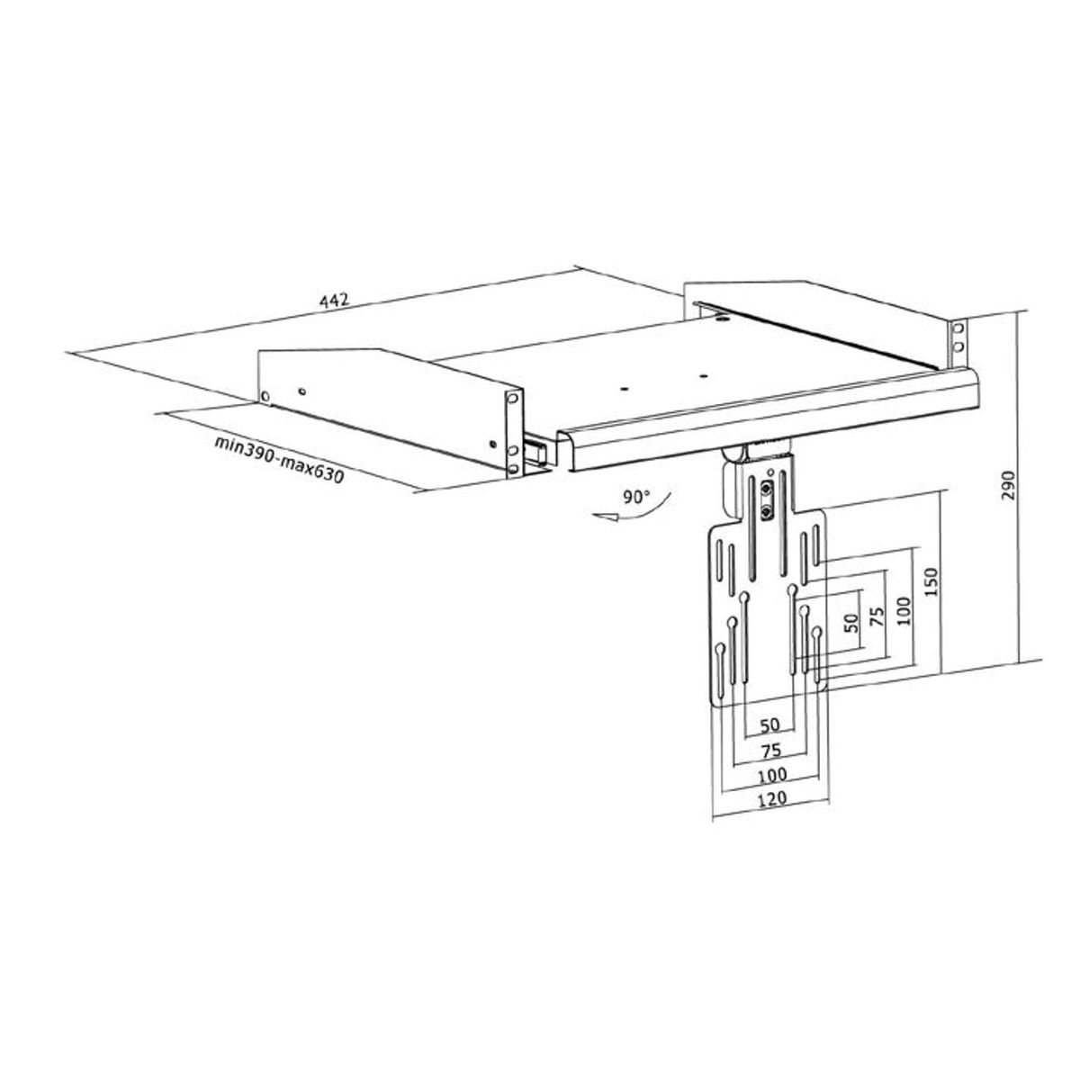 Un dibujo de un soporte de metal con dimensiones.