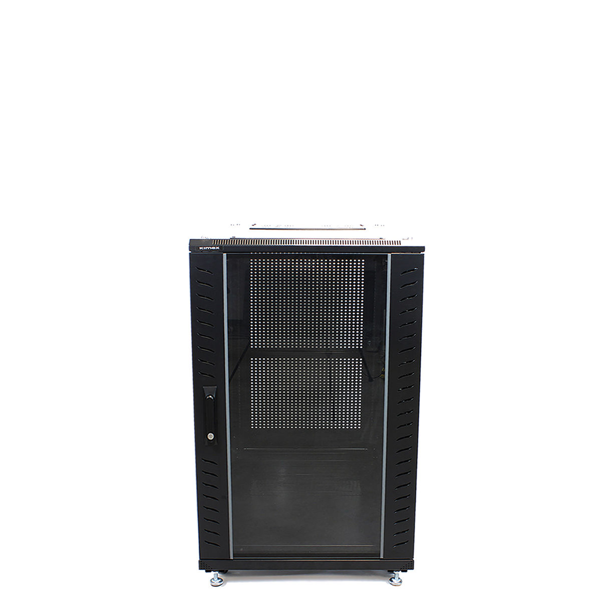 Armadio rack server nero con porta in vetro, sfondo bianco.