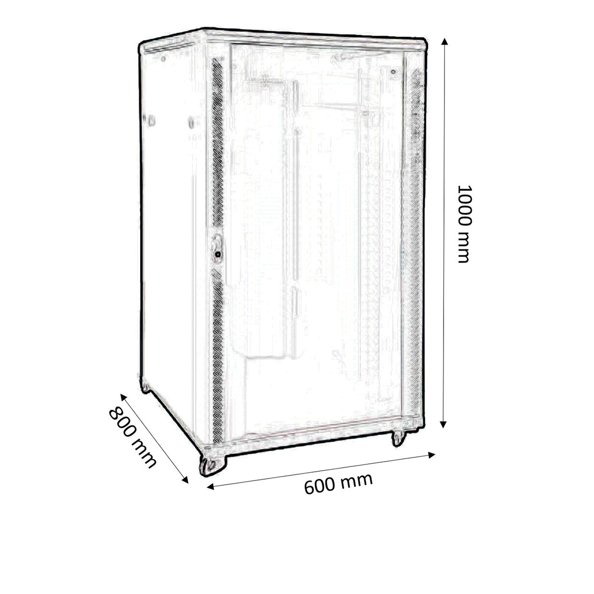 Disegno tecnico di un rack server con dimensioni: 800 mm larghezza, 600 mm profondità, 1000 mm altezza.