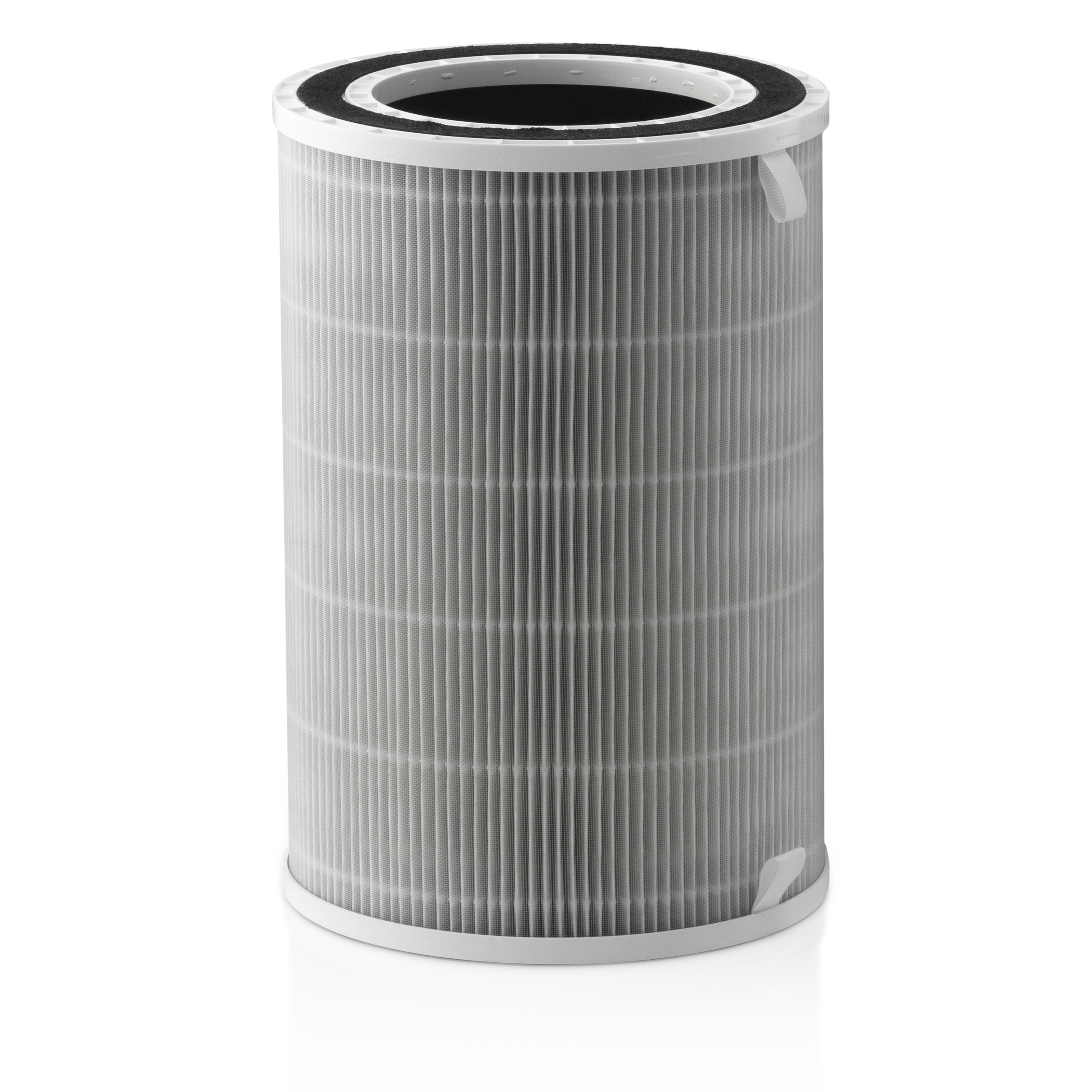 Zylindrischer Luftfilter mit weißem Rahmen und schwarzem Deckel.