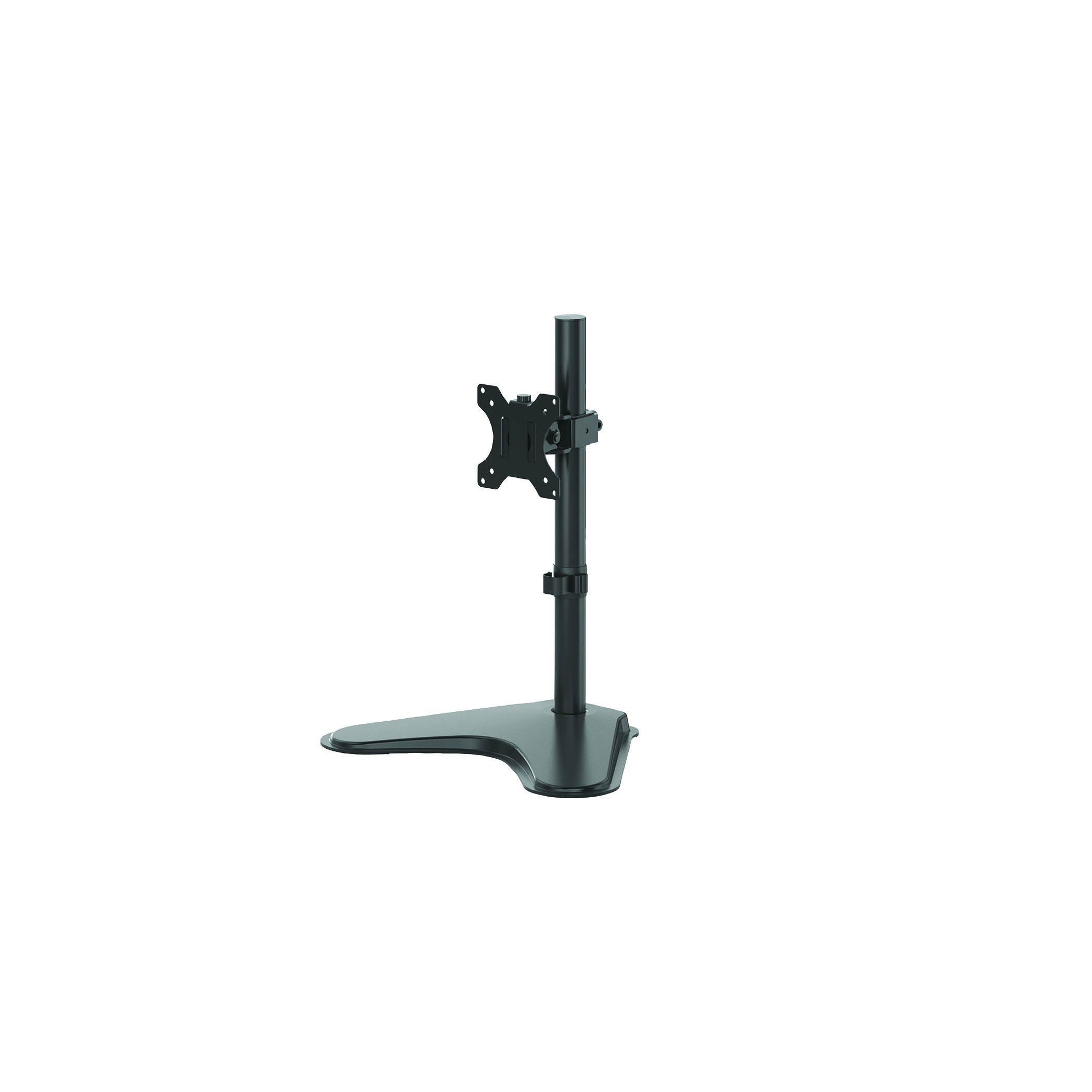 Czarny stojak na monitor z czarnym stojakiem i podstawą. Stojak na białym tle.