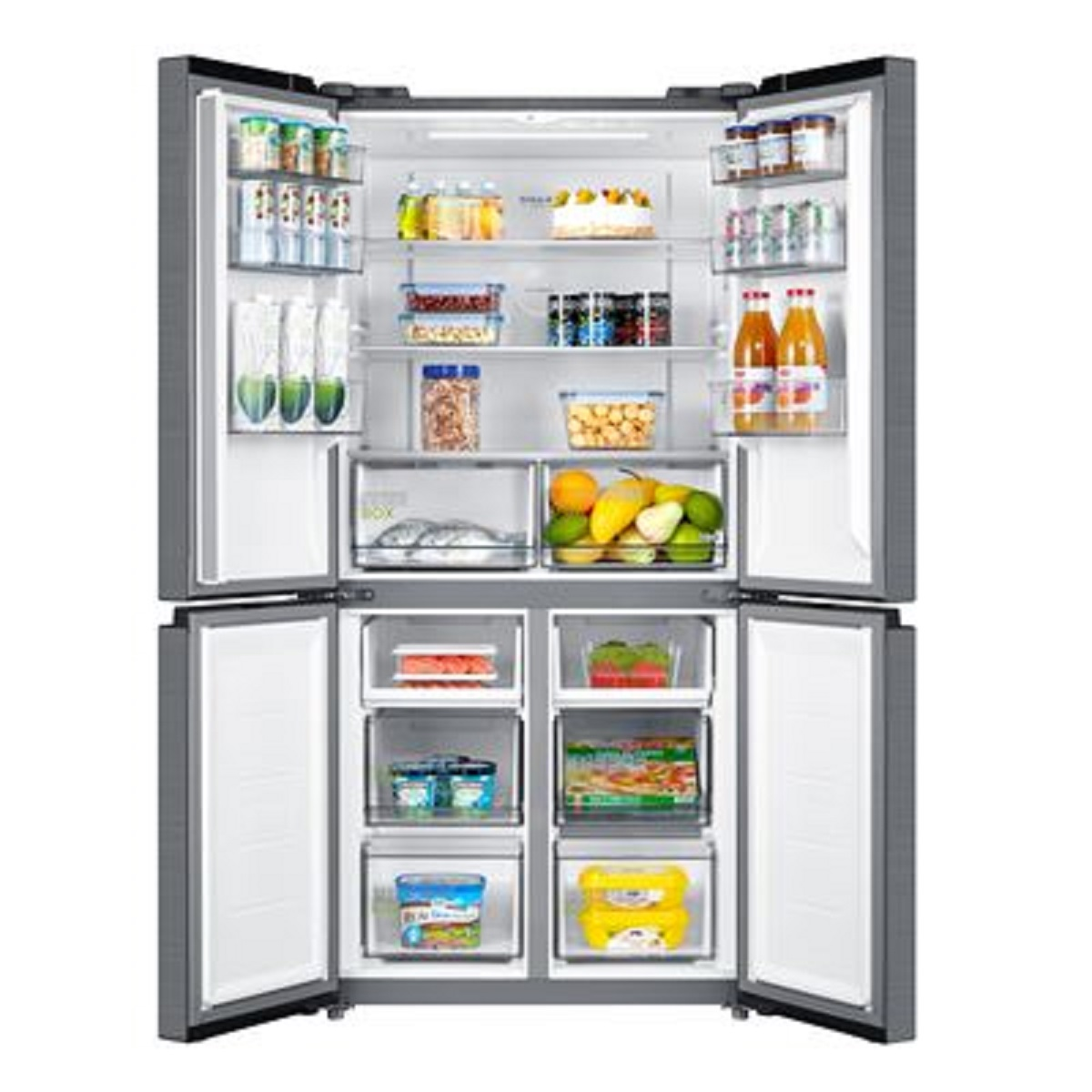 Refrigerador abierto con alimentos. Frutas, bebidas y otros comestibles almacenados dentro.