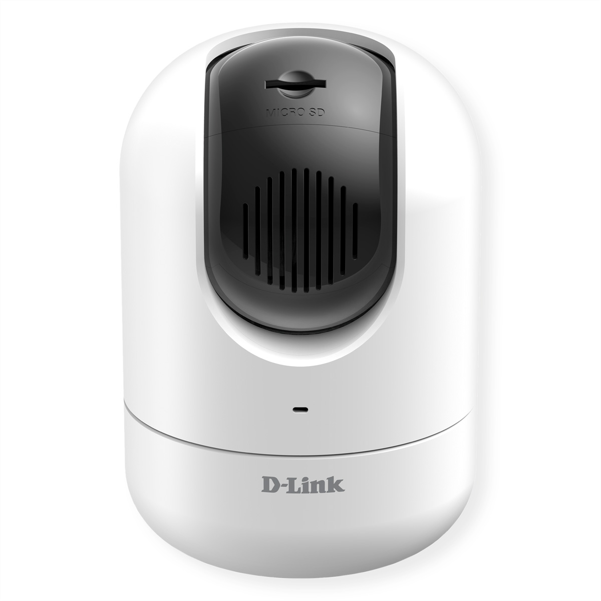 Una telecamera di sicurezza D-Link bianca, con la parte superiore nera e un'apertura per il microfono. È su uno sfondo bianco.
